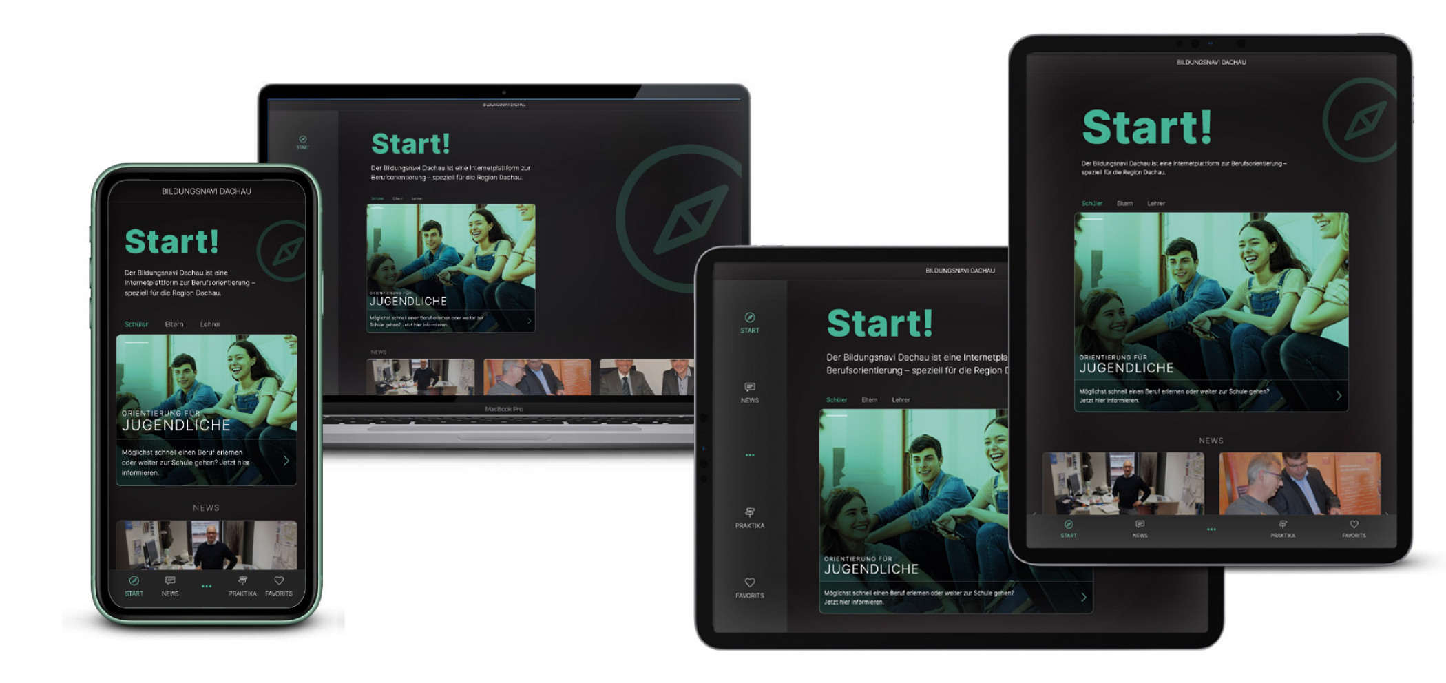 Der Start!-Screen des Bildungsnavi Dachau auf verschiedenen Geräten