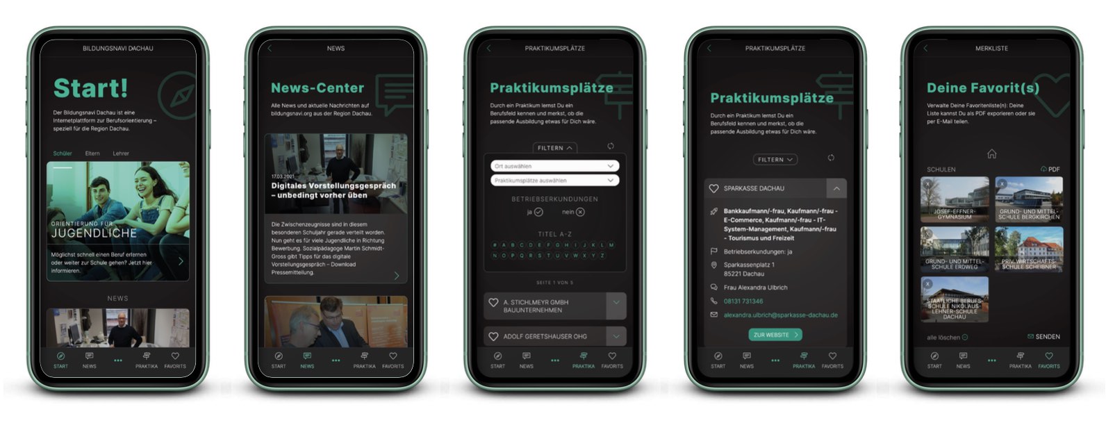Verschiedene Screens des Bildungsnavi Dachau auf dem Smartphone